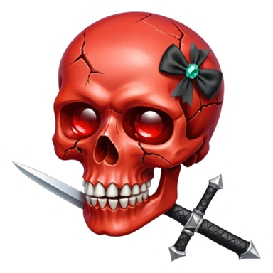 make me a red crystal skull partly see thew super gem like make it realistic and held together by a black bow and a small dager to the eye with cracks coming from it have the bow be loosly tied around the skull holding it together make the blade super realistic  sticker