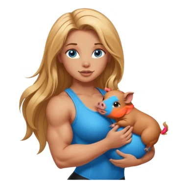 muscled sexy girl, big butt, holding cute brown minipig, long golden hair, blue eyes sticker
