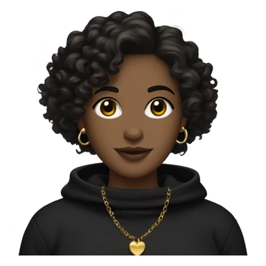 A bitmoji of a female who has black wavy curly  hair and dark brown eyes almost black, she’s wearing a black Cotton sweater with two gold pendants one in the form of a heart sticker