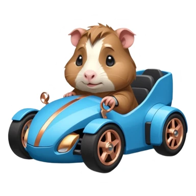 dark crystal blue and rosegold-accented faceted-body electric racing car driven by a small cute but fearless baby Guinea pig with rear spoiler, roll bar, and wheely bar sticker
