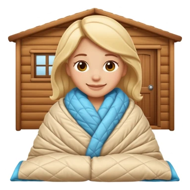 Create an iOS‑style emoji of a girl wrapped in a thick quilted blanket, smiling calmingly with a relaxed, cozy cabin vibe and soft lighting. sticker