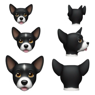black dog, one ear up and one down, white muzzle sticker