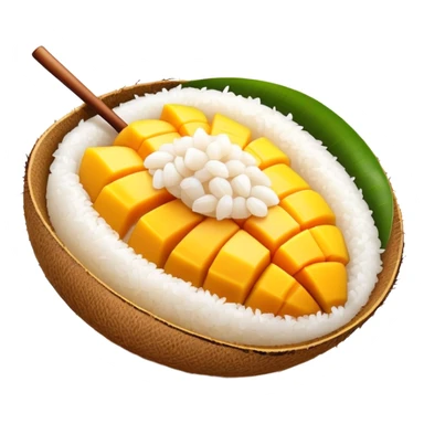 cinematic-realistic-mango-sticky-rice-dessert-emoji,-showcasing-sweet-sticky-rice-paired-with-ripe-mango-slices-and-coconut-milk-rendered-with-lifelike-detail-and-warm,-inviting-lighting sticker
