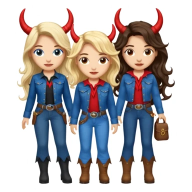 Three women with devil fairy horns, brown eyed light skin with dark blonde long hair and Brown eyed light skin black long wavy hair and blue eyed light skin long blonde hair wearing cute wrangler outfits sticker