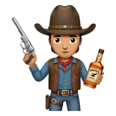 A rough and tumble cowboy with a 6 shooter and a bottle of whiskey. From the view of a bird looking down on the cowboy. Make the graphics dark and gritty in the style of your beeding skull art. sticker