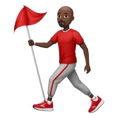 Bald black man with a white goatee in sneakers carrying a red flag sticker