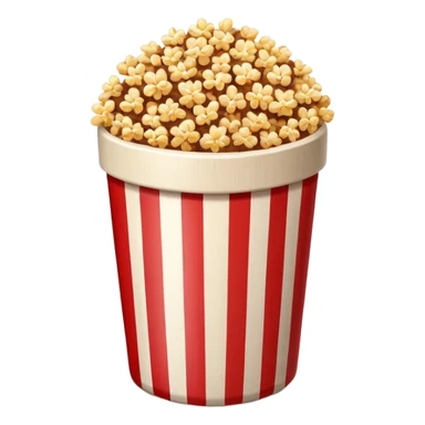 brown popcorn in a paper jar with red and white vertical lines sticker