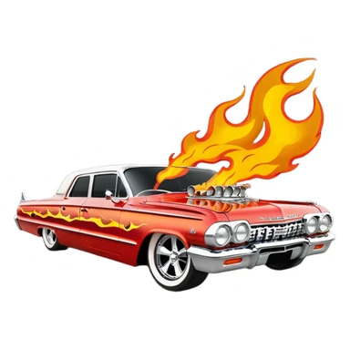 Satan’s streamlined Hot rod custom 1964 impala low rider four door themed painted hood flaming side-mounted under-door chrome exhaust pipes driving straight to hell  sticker