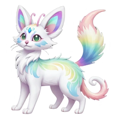Pure-snow-White albino iridescent with pastel rainbow-gradients-color-markings with swirly patterns butterflies  faerie-Noivern-Noibat-Purloin-Torracat-Lykoi-Caracal-cat-Fakemon-fusion-hybrid-creature sticker