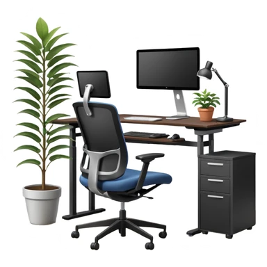 An ergonomic office setup with a height-adjustable desk and a large flat monitor on top. Next to it, a modern ergonomic swivel chair with supportive backrest, and a small potted plant placed on the desk or floor to add a healthy touch sticker
