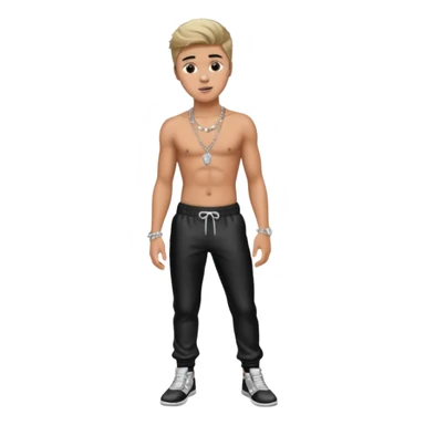 Justin Bieber with metallic black pants, shirtless with necklace sticker