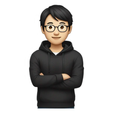 A mature Chinese boy with black hair and circle-shaped eyeglasses wearing black hoodie and ✌️ shaped hands sticker