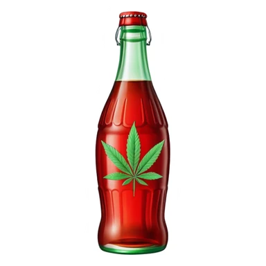 Classic Coca-Cola shaped glass bottle with curved contours, red color, with a cannabis leaf sticker