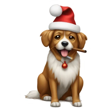 fluffy dog on wooden floor wearing Christmas hat smoking a cigar sticker