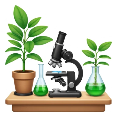 FA 3D cartoon science lab table with test tubes, microscope, and a small potted plant, green leaves under bright light, clean background, realistic Memoji-style rendering. sticker