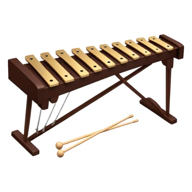 Create a detailed and professional emoji representing a Fleet FLT-SX37 orchestral wooden xylophone. The design should showcase the large, wooden bars of the xylophone arranged in a traditional layout, with a polished, smooth finish. The bars should be dark brown or mahogany, with soft metallic reflections on the resonators underneath. Include two mallets with rubber or wooden heads resting on the bars, emphasizing their role in striking the notes. The xylophone should have a sophisticated and professional appearance, with clean lines and a polished look. Add subtle musical notes or sound waves to represent the vibrant sound produced by the instrument. The background should be transparent. sticker