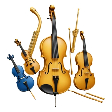 Create an artistic emoji that represents music arrangement and orchestration. The design should feature various orchestral instruments (drums, violin, electric guitar, synthesizer) and conductor's baton, musical scores. Incorporate flowing lines to represent harmony and orchestral balance, along with a subtle representation of sheet music. Use rich, classical colors like gold, silver, or deep blue, and create an atmosphere of sophistication and precision. The background should be transparent. sticker