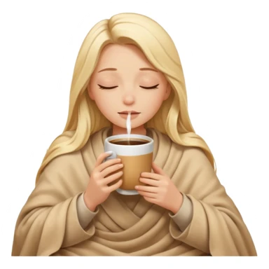 Blonde girl long hair inside a beige blanket sipping coffee eyes closed sticker