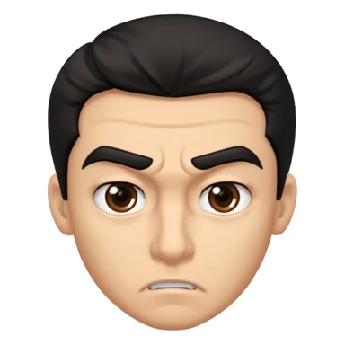 emoji de un joven, con cejas gruesas que parece enojado, nariz medio grande, hombros anchos, sin sonrisa, hombros anchos, cabello medio ondulado con un corte juvenil, cabello negro. ojos negros. sticker