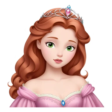 Cinematic Elegant Sleeping Beauty Portrait Emoji, rendered in a realistic, vector-style with minimal shading and bold, simplified shapes. Depict Aurora (Sleeping Beauty) (chest and above) with delicate porcelain skin, soft auburn hair styled gracefully, and gentle, dreamy eyes, dressed in her classic pink gown. The image glows with a soft, enchanting radiance and high shine, capturing timeless regal beauty. sticker