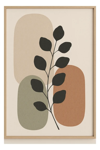 abstract botanical wall art, minimalist scandinavian style, large rounded organic shapes, eucalyptus branch silhouette, neutral earth tones (beige, sage, terracotta), subtle paper texture, modern interior decor, full bleed composition --v 6 --ar 3:4 --q 2 --style 4a sticker