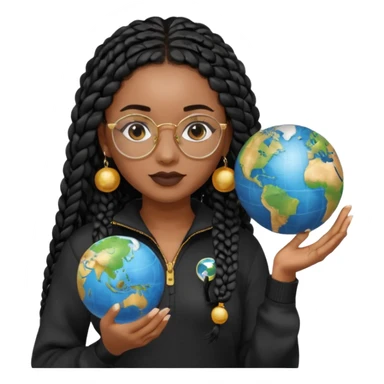 a young woman wearing fine gold round glasses and black hair in several box braids, no earrings, she has light black skin, and she's wearing a white shirt with a black quarterzip sweater. She's holding a globe in one hand sticker