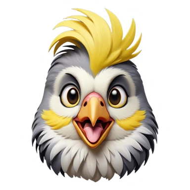 Cinematic Comical Cockatiel Portrait Emoji, Head tilted dramatically with an exaggeratedly amused expression, featuring a striking grey fur with bold yellow accents and a flamboyant crest, wide, expressive dark eyes filled with playful disbelief, Simplified yet hilariously expressive features, highly detailed, glowing with a slightly sassy glow, high shine, dramatic yet playful, stylized with an air of cheeky mischief, bright and endearing, soft glowing outline, capturing the essence of a spirited and over-the-top cockatiel, so meme-worthy it feels like it could side-eye its way into internet fame instantly! sticker