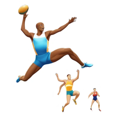 An icon showcasing  a sprinter in full speed, a high jumper soaring over the bar, a long jumper taking off, and a discus thrower in motion. The background features a vibrant stadium with cheering crowds, bright lights, and a clear sky.  sticker