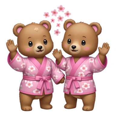 Two cute light-brown bears wearing pastel pink sakura-patterned kimonos, normal balanced body ratio.  
Facing each other and giving a joyful high-five with happy smiling faces and small spark effects.  
Kawaii emoji style, minimalistic clean sticker illustration, white background. sticker