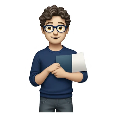 caucasian white boy with dark wavy  hair, blue glasses, and carrying design paper plan because he is an architect carrying a pencil and a set model maquette. wearing a navy blue long sleeve sweater shirt. smart.  sticker