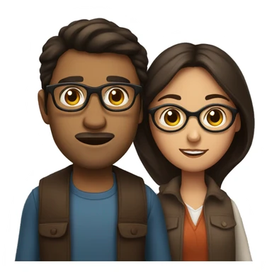a dark-haired woman and a bespectacled brown-haired man holding her sticker