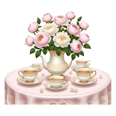 An enchanting garden tea party setting with a vintage lace tablecloth, golden-rimmed porcelain teacups, a centerpiece of light pink roses and white peonies in a pearl-trimmed vase, with delicate pearl butterflies flitting through the soft sunlight.
 sticker