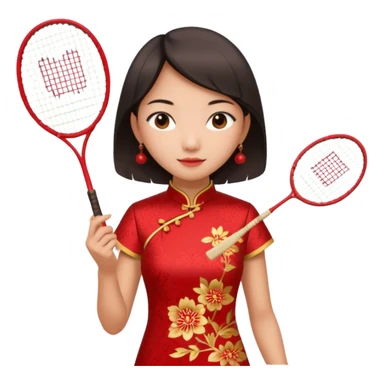 ancient cheongsam girl with 1 badminton racket, red sticker