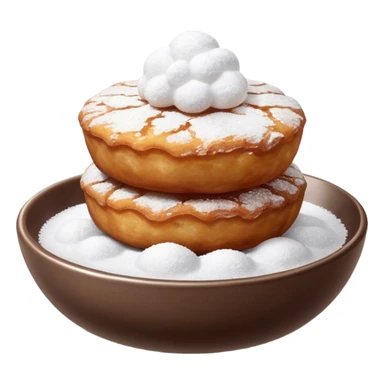 Buñuelo Cinematic Realistic Buñuelo Dessert Emoji, depicted as perfectly round, fluffy fritters served in a small bowl with a dusting of powdered sugar, rendered with vibrant textures and warm, inviting lighting. sticker