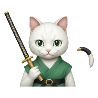 un gato blanco con reeferencia a roroa zoro "una espada en cada mano y una en la boca sticker