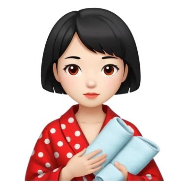 girl with black bob-cut hair, black and red dotted coat, Chinese appearance, holding a towel, looking like a masseuse sticker