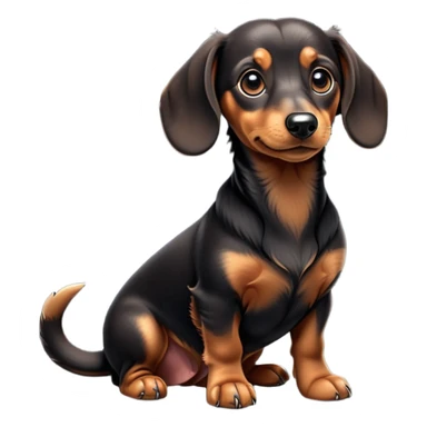 cinematic-[dachshund dog]-realistic-full-body-sitting-emoji,-tail-resting-loosely-beside-its-paws,-head-tilted-dramatically,-sleek-[black and tan]-fur,-simplified-yet-realistic-focused-features,-highly-detailed,-glowing-with-an-almost-sarcastic-glow sticker
