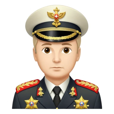 Russian military general in formal uniform with medals, epaulettes, and military hat sticker