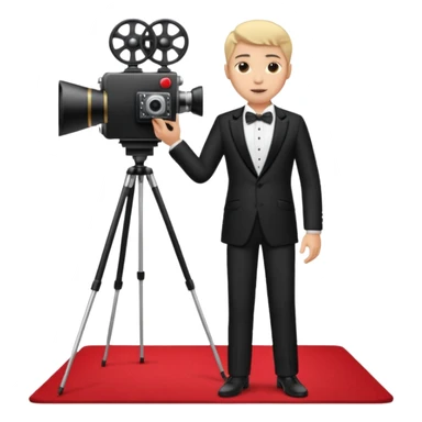 an actor standing on a red carpet with a formal tuxedo, with only one movie camera on a tripod next to him. sticker