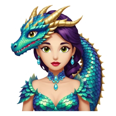 Am amazing blend of a half dragon woman with glittering jeweled scales covering her body. She has large almond shaped eyes, lush lips, and she wears a stunning luminescent gown. sticker