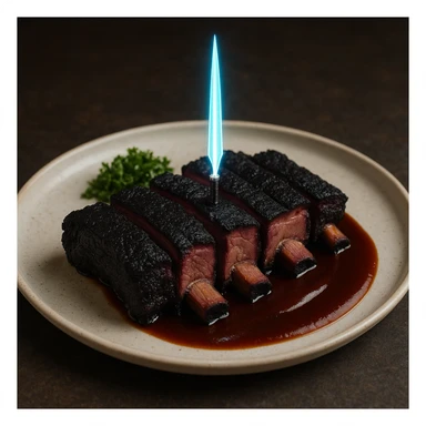 a delicious plate of smoked ribs, the color of the meat is succulent dark blackish purple, the 5 Michelin star dish is plated with a tiny energy sword piercing the center sticker