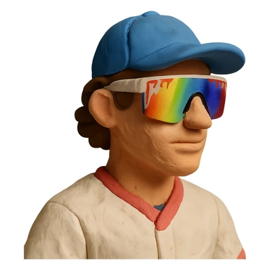 claymation style baseball player with brown hair, no beard, baseball cap, and Pit Viper sunglasses sticker