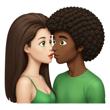 girl with long brown straight hair and green eyes kissing dark boy with afro and big nose sticker