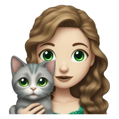 Mermaid with pale skin, wavy brown hair, and bright blue eyes holding a small gray cat with big green eyes, detailed  sticker