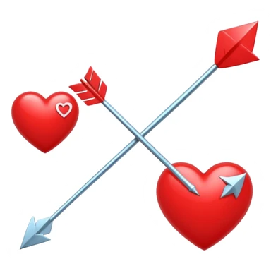 Apple-style 3D illustration of a glossy red heart pierced by a horizontal double-ended arrow. One end of the arrow has a small female symbol, the other end has a small male symbol. The heart is centered, shiny, with soft shadows, floating on a clean white background, minimal and emotional design sticker