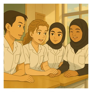 Personnaliser les quatre étudiants infirmiers en interaction, style Ghibli, en utilisant les visages des quatre photos fournies, tenues blanches à manches courtes, tuniques médicales col en V, poche poitrine à gauche, pas de pied de col, pas de stéthoscopes, avant-bras nus, cheveux longs attachés pour celles qui en ont. Décor lumineux, ambiance collaborative. sticker