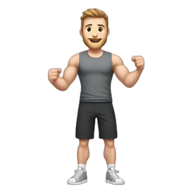 Full height Actively gesturing with hands Pale skinned Fit Man With the biceps and brown hair in dark gray Sleeveless Mike, black oversize sports shorts, watch and white Sneakers sticker