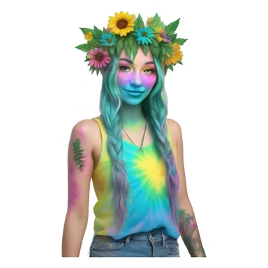 420 Tie dye hippie person flower crown tattoos hemp leaves metallic iridescent holographic blue cyan green pink yellow hazard stripes dark colours sticker