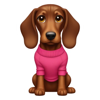 Brown Dackel in a red pullover with pink bone in mouth sticker