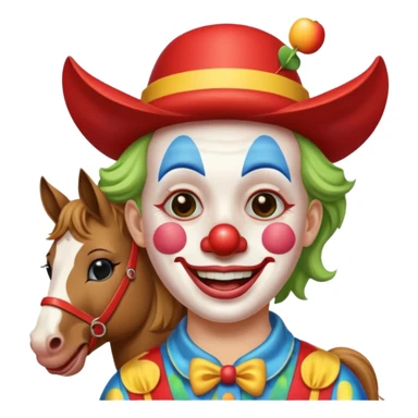 a crying but smiling and showing a peace sign clown face riding a horse, make it native to apple emoji style, the horse and the clown both emoji should match apple's style. sticker